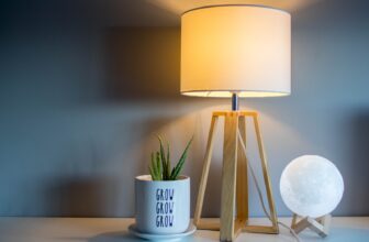 brown and white table lamp with light
