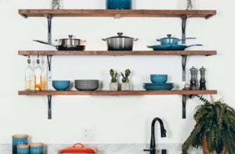 cookware set on floating shelves