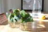 a wooden table topped with two vases filled with plants